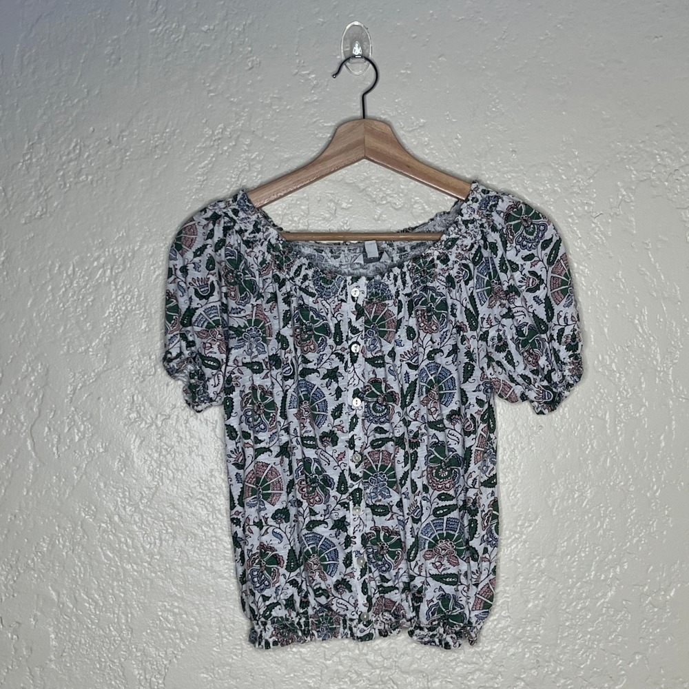 Lucky Brandโ Floral Paisley Smocked Hem Off Shoulder Top Green White S